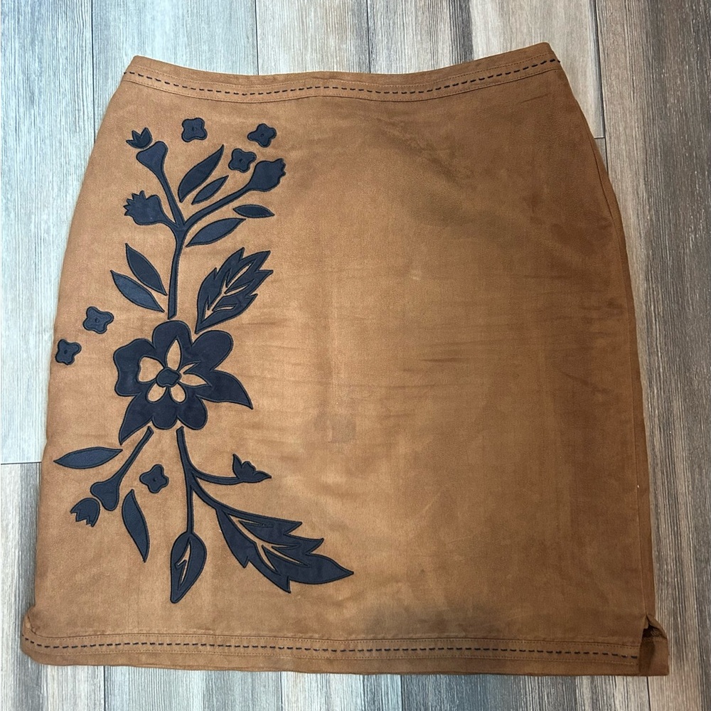 Faux Suede Brown Western Pencil Skirt with Black Floral Print Design